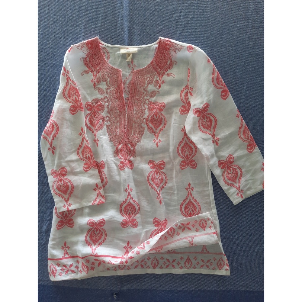 Charter Club Luxury Linen Tunic Top Pink White Embroidered Beads Paisley Medium